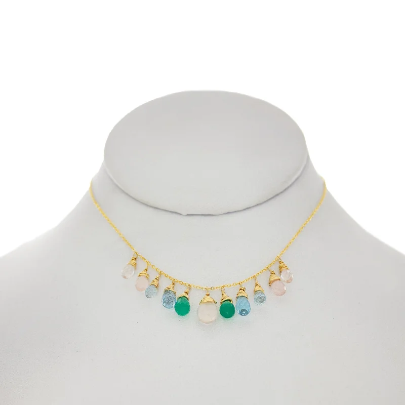 charm necklaces for women -Sage Rose  - RoseQuartz, Green Onyx, Topaz, Apatite, Aquamarine Drops Necklace