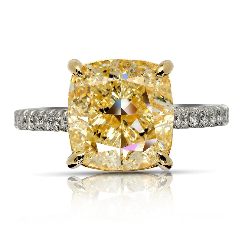 luxury platinum rings -MEG 6 CARAT CUSHION CUT YELLOW  DIAMOND ENGAGEMENT RING PLATINUM & 18K GOLD GIA CERTIFIED 5 CT W VS1  BY MIKE NEKTA