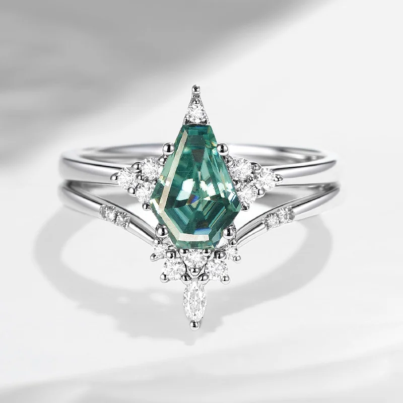 romantic engagement rings for women -18K Unique Coffin Green Moissanite Engagement Ring Star Ring Set 2pcs - Coffin Kite