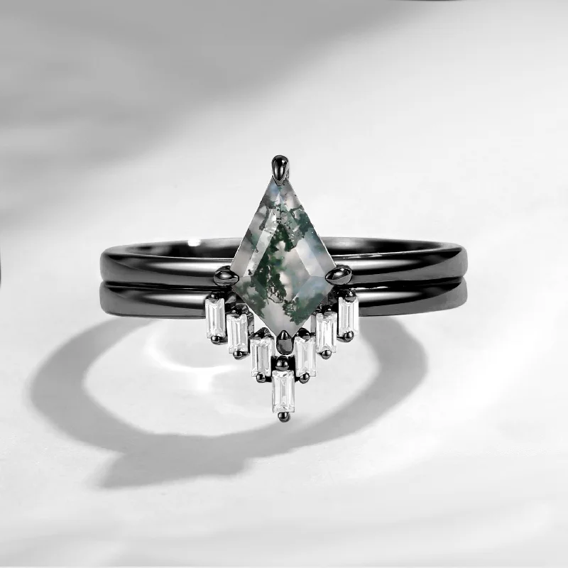 personalized engagement rings -Classic Kite Cut Moss Agate Black Gold Engagement Ring 2pcs