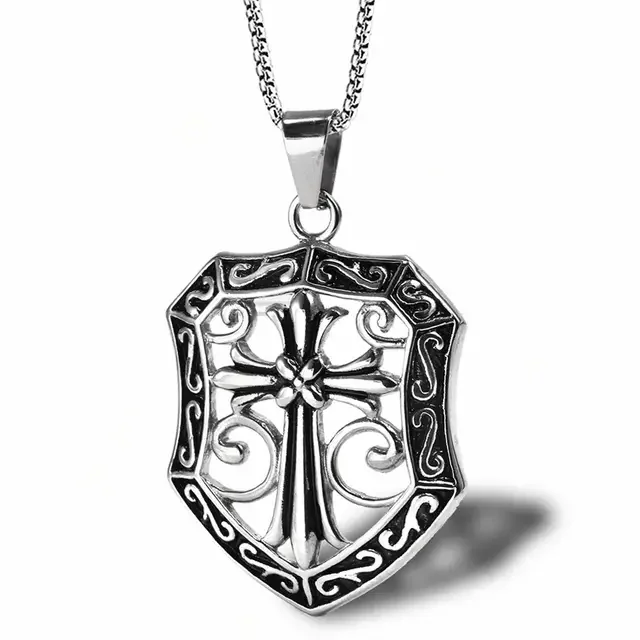 high-end necklaces for women -Stainless Steel Shield Cross Pendant Necklace