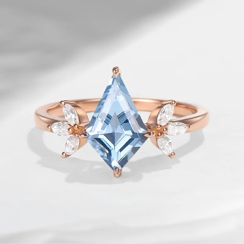 custom-designed engagement rings -Kite Shaped Natural Aquamarine Butterfly Cluster Engagement Ring