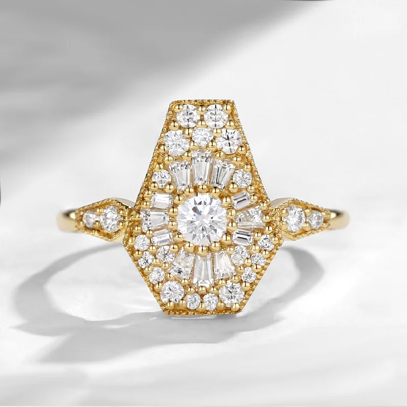 women’s unique gemstone engagement rings -In Stock | Unique Round Shaped Moissanite Cluster Coffin Engagement Ring