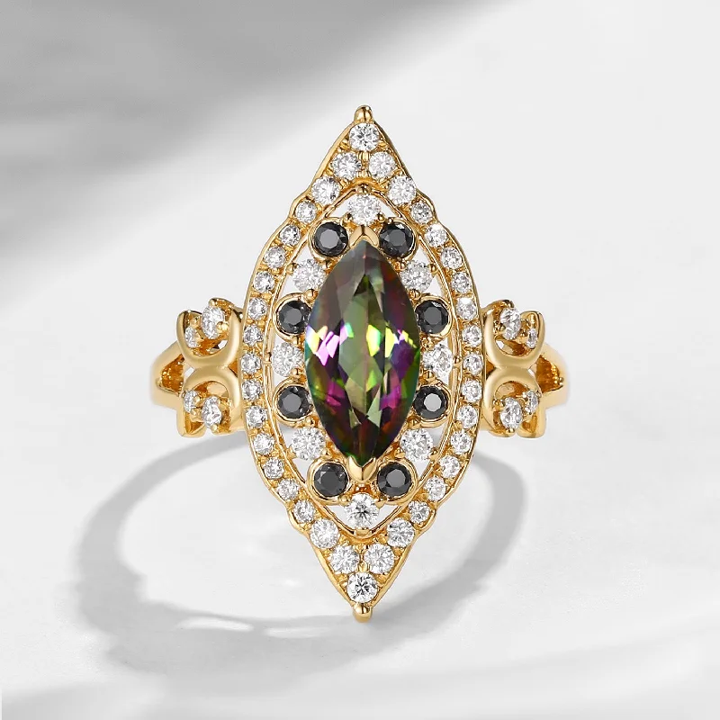 women’s unique gemstone engagement rings -Maximalist Style Vintage Inspired Marquise Cut Mystic Topaz Engagement Ring