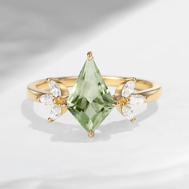 engagement rings with side stones -Unique Kite Shaped Green Amethyst Butterfly Engagement Ring