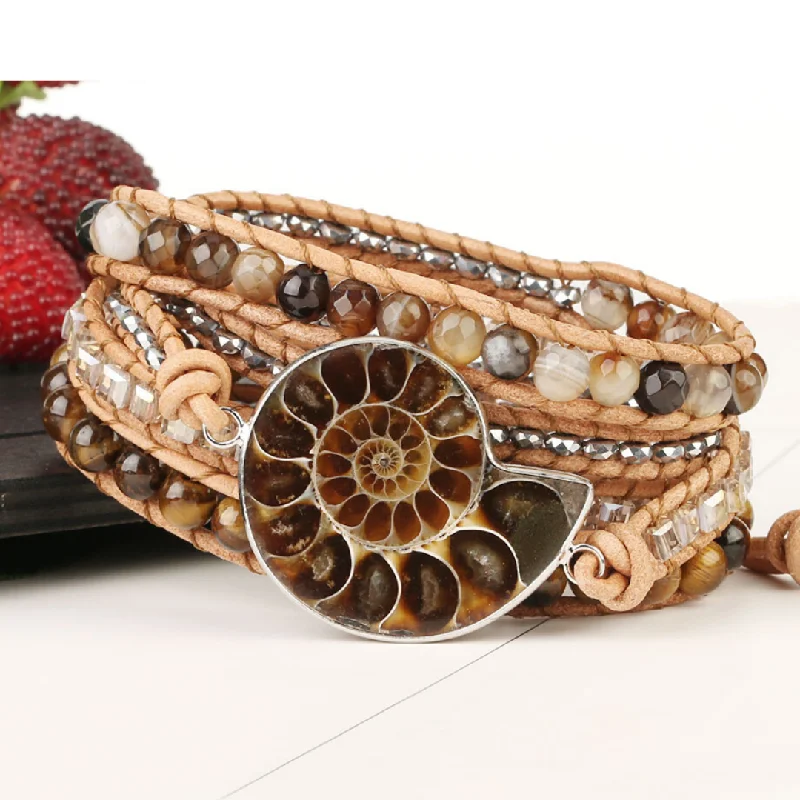 luxury bangle sets for women -Ammonite Fossils Tiger Eye Wrap Bracelet