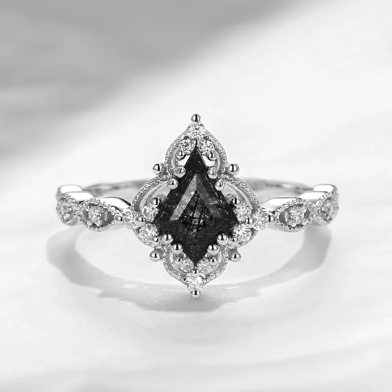 unique sapphire engagement rings -Vintage Inspired Milgrain Kite Cut Black Rutilated Quartz Engagement Ring