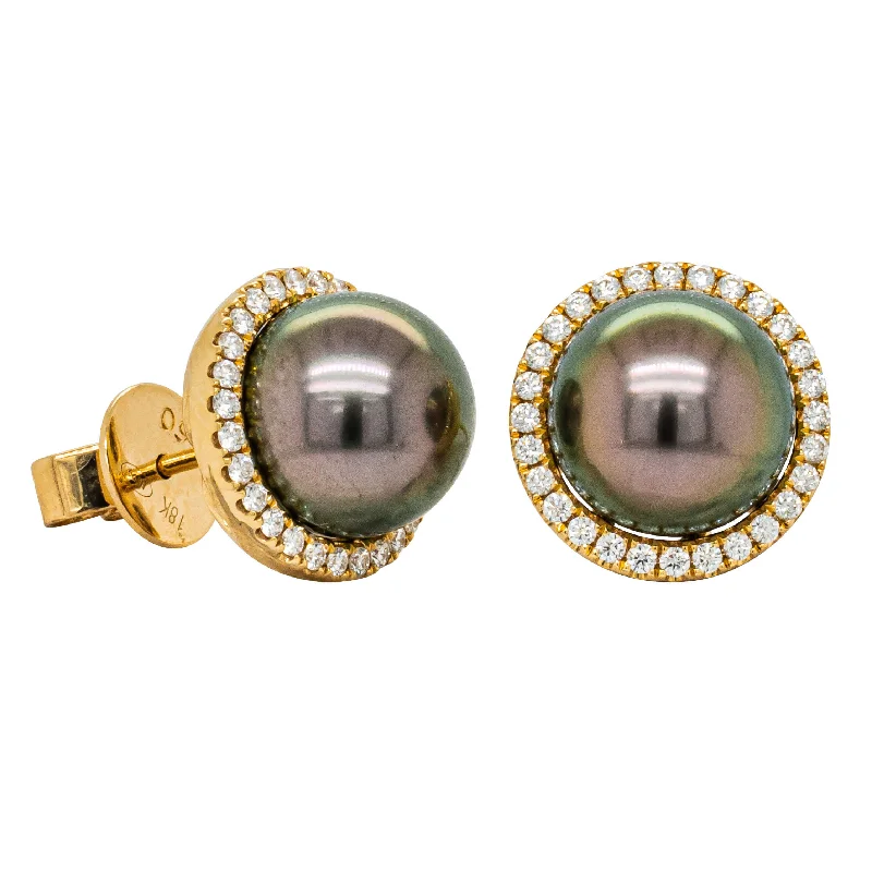 luxury diamond earrings -18ct Yellow Gold 10mm Tahitian Black Pearl & Diamond Callisto Earrings