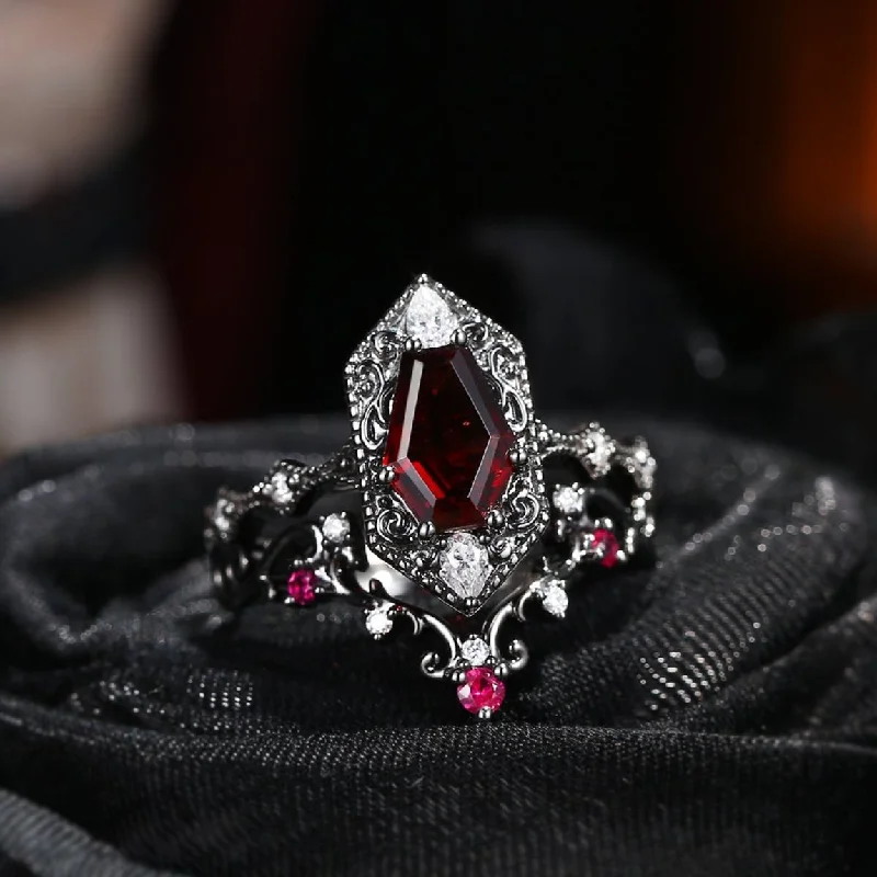 handcrafted engagement rings -Retro Coffin Cut Garnet & Natural Ruby Vampire Gothic Engagement Ring Set 2pcs