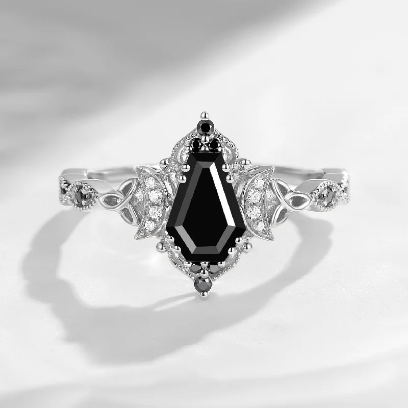 classic princess cut engagement rings -Crescent Moon | Unique Coffin Black Moissanite Infinity Celtic Engagement Ring