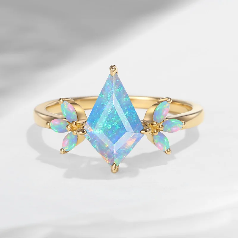 round cut engagement rings for women -Unique Kite Shaped Natural Opal Butterfly Engagement Ring