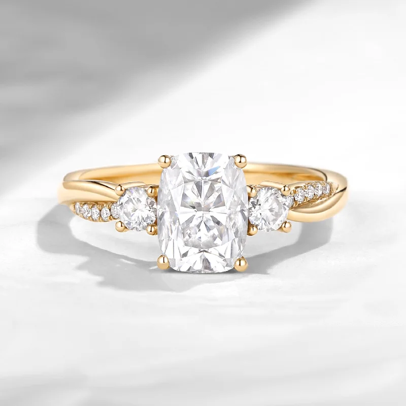 two-tone engagement rings -Twisted Cushion Cut Moissanite Three Stones Engagement Ring