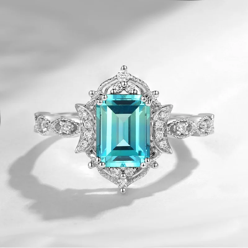 affordable diamond engagement rings -Crescent Moon | Emerald Cut Art Deco Lab Paraiba Engagement Ring