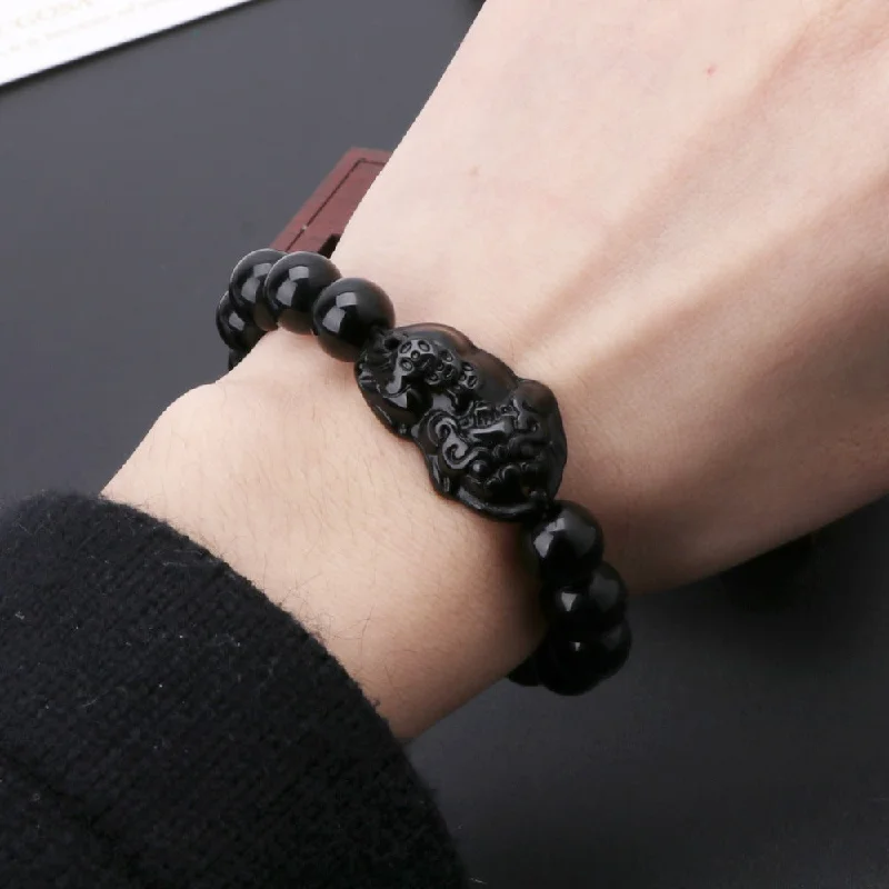 women’s stretch bracelets -Black Obsidian Brave Troops Charm Bracelet