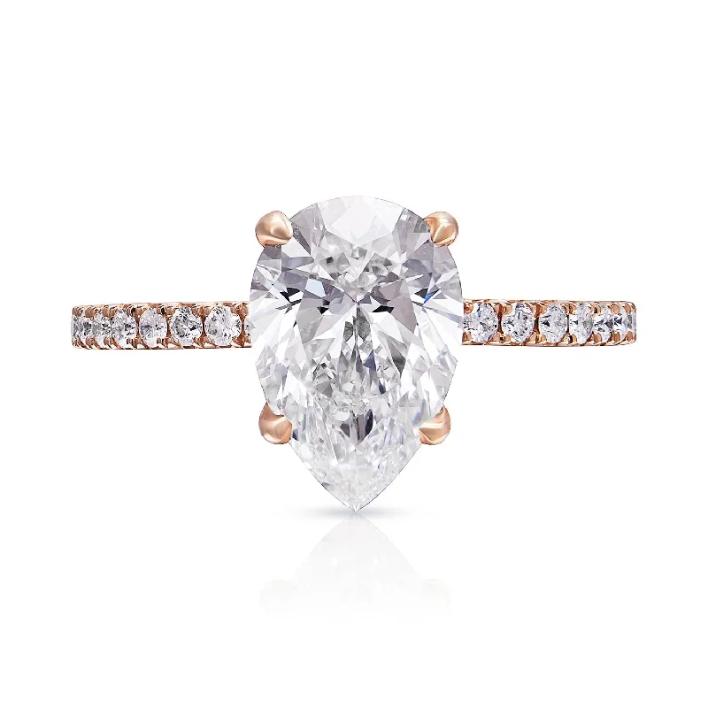 gold rings for women -LUZ 2 Carat Pear Shaped Lab Grown Diamond Engagement Ring.18K Rose Gold. IGI Certified