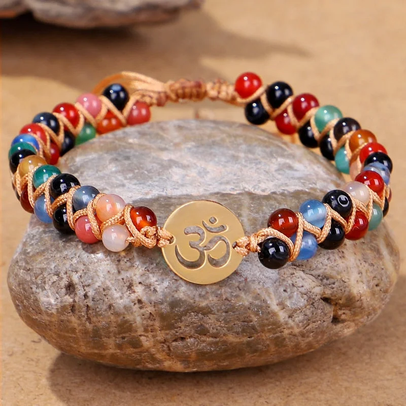 women’s sterling silver bangles -Chakra Stones Om Beaded Bracelet