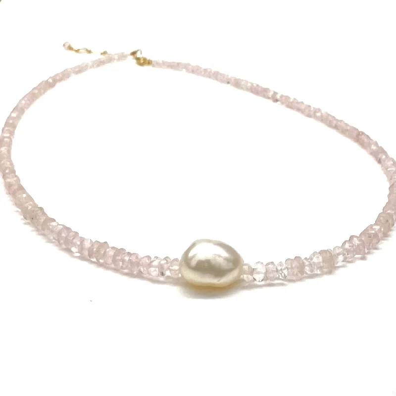 silver pendant necklaces for women -ROSE QUARTZ/PEARL NECKLACE