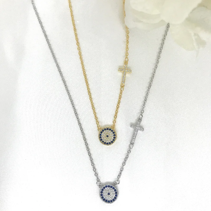 personalized engraved necklaces for women -18k/925 Vermeil CZ Evil Eye and Cross Necklace