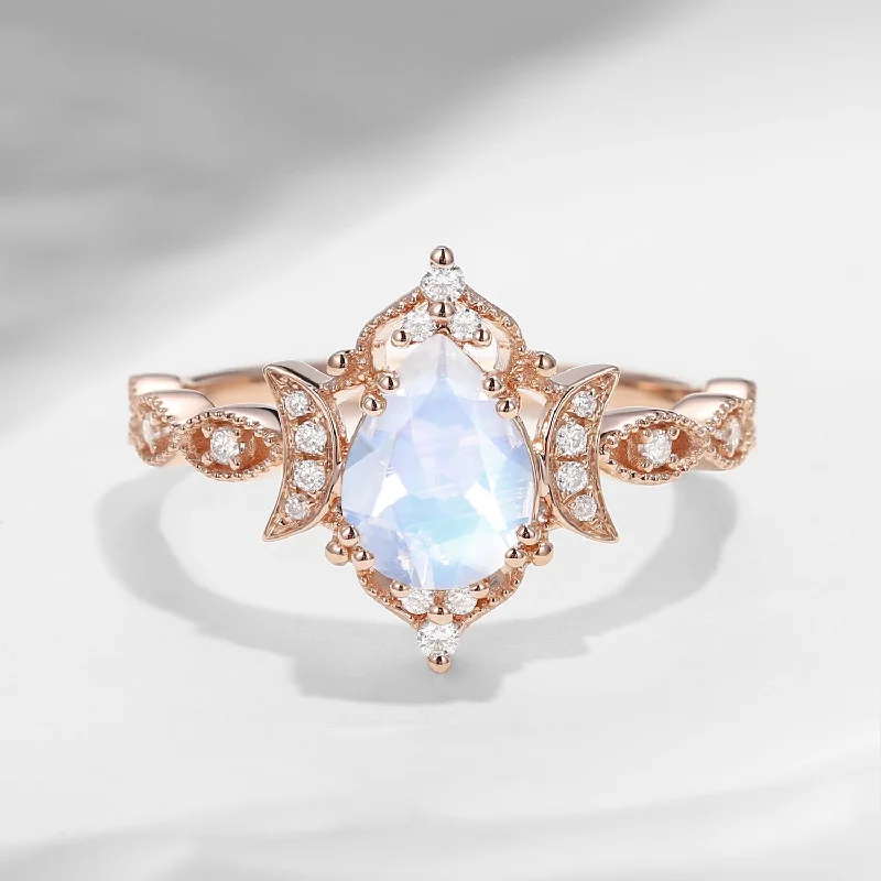 women’s stacked engagement rings -Crescent Moon | Unique Antique Pear Shaped Moonstone Engagement Ring Moon Ring