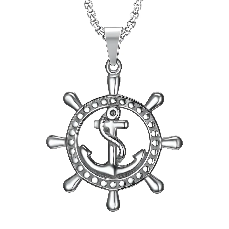 personalized engraving necklaces for women -Stainless Steel Ships Wheel Anchor Pendant Necklace