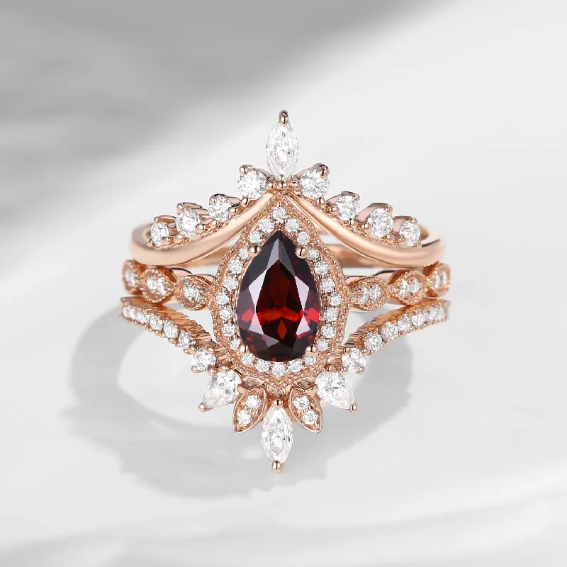 engagement rings with rubies -Vintage Inspired Pear Shaped Garnet Engagement Ring Set 3pcs - Diva