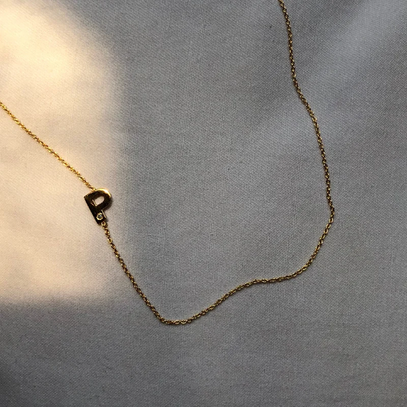 elegant heart-shaped necklaces for women -Slanted Initial with Diamond Necklace, Solid 18k Gold