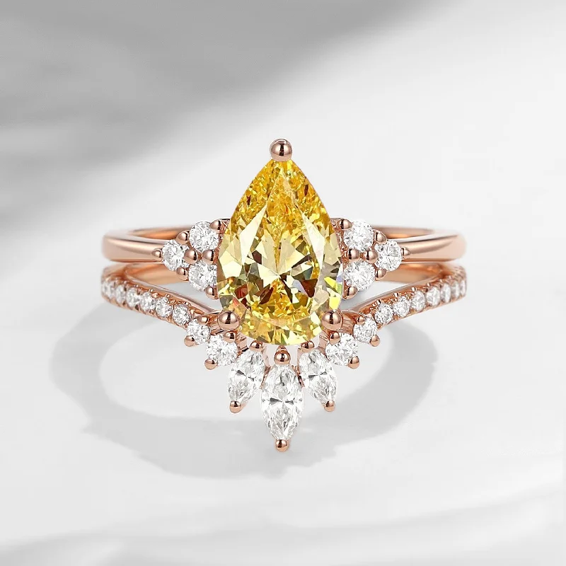 engagement rings with colored diamonds -Pear Cut Yellow Lab Diamond Cluster Engagement Ring Set 2pcs - Vivian