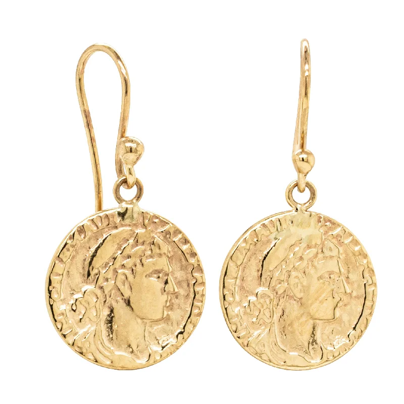 trendy stud earrings for women -Deja Vu 9ct Yellow Gold Roman Coin Drop Earrings