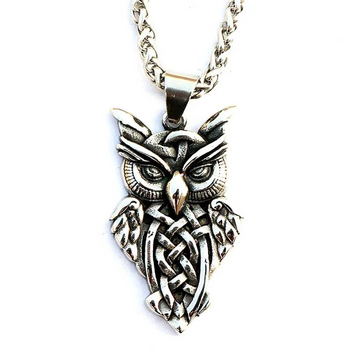 wedding day necklaces for women -Stainless Steel Celtic Owl Pendant Necklace