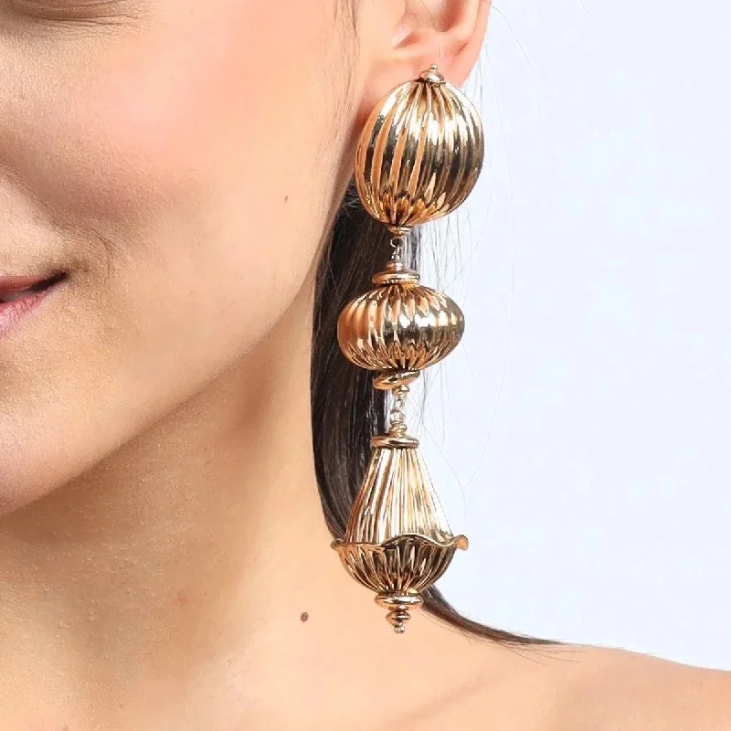 trendy earrings for parties -TFC Varied Vortex Bold Bead Gold Plated Shoulder Duster Dangler Earrings