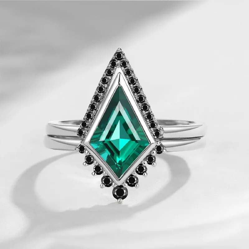 unique sapphire engagement rings -Art Deco Kite Shaped Lab Emerald & Black Moissanite Engagement Ring Set 2pcs - Statement