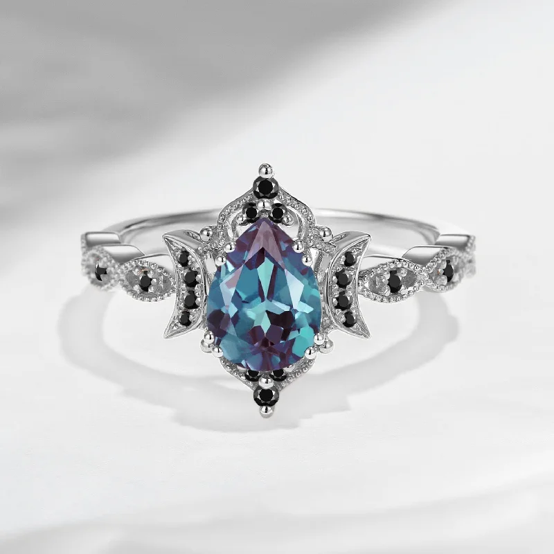 silver diamond engagement rings -Crescent Moon | Unique Alexandrite Engagement Ring In Pear Shape - Eclipse