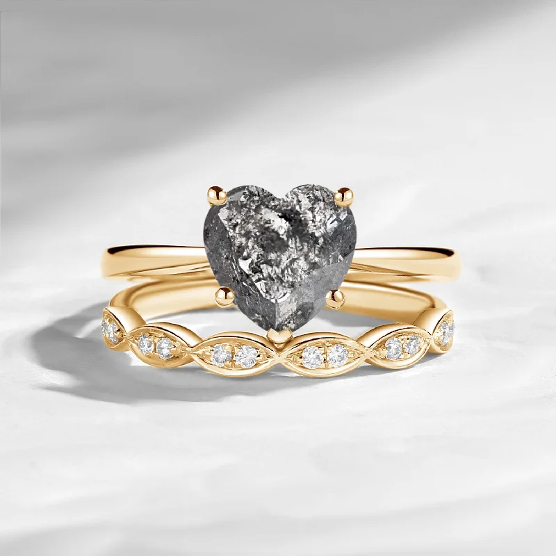 personalized engagement rings -Unique Heart Shaped Solitare Natural Salt And Pepper Diamond Engagement Ring 2pcs Set