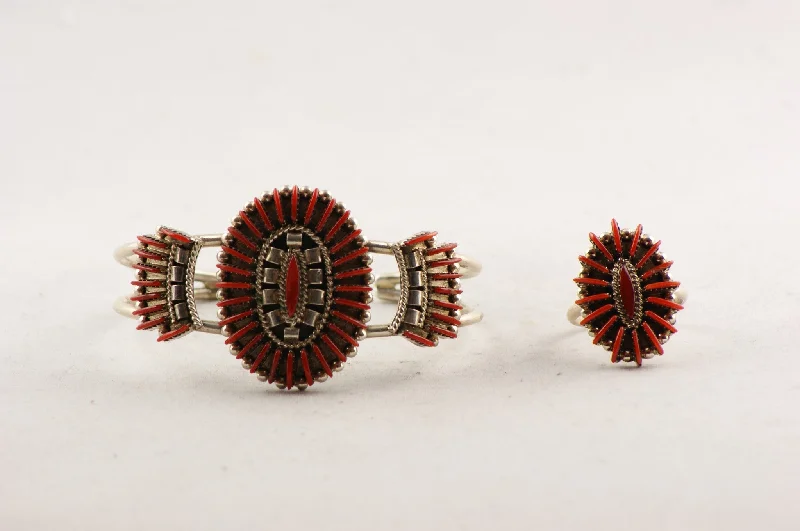 custom bracelets for women -Zuni Needlepoint Red Coral Bracelet and Ring Set by Edmond Cooeyate