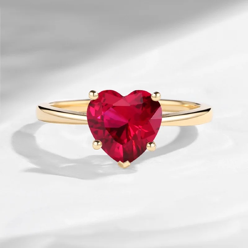 radiant-cut diamond engagement rings -Classic Heart Shaped Solitaire Lab Ruby Promise Engagement Ring