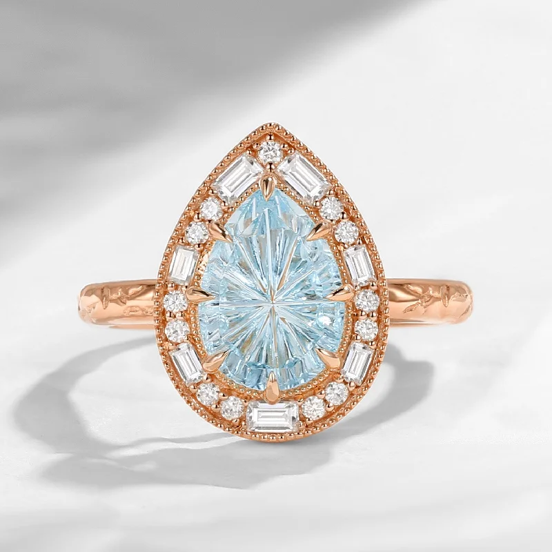 vintage style engagement rings -Halo Fantasy Carved Pear Firework Cut Natural Aquamarine Engagement Ring