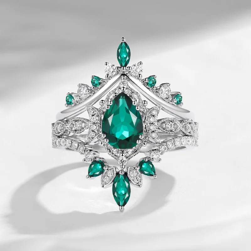 vintage engagement rings for women -Crescent moon | Antique Pear Cut Lab Emerald Engagement Ring Set 3pcs