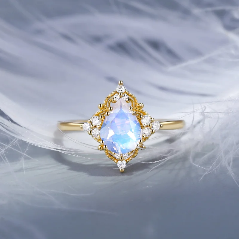 yellow gold engagement rings -Vintage Inspired Pear Shaped Moonstone Engagement Ring