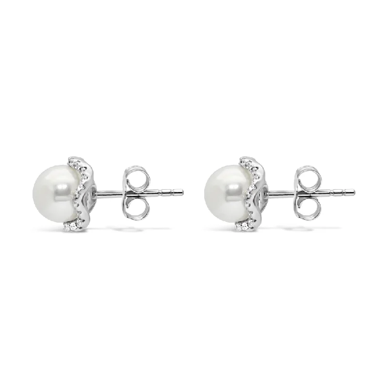 simple stud earrings for women -ROUND STONED PEARL STUD SILVER EARRING