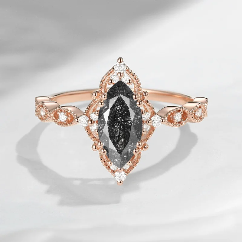 solitaire engagement rings for women -18K Unique Marquise Black Rutilated Quartz Vintage Inspired Engagement Ring