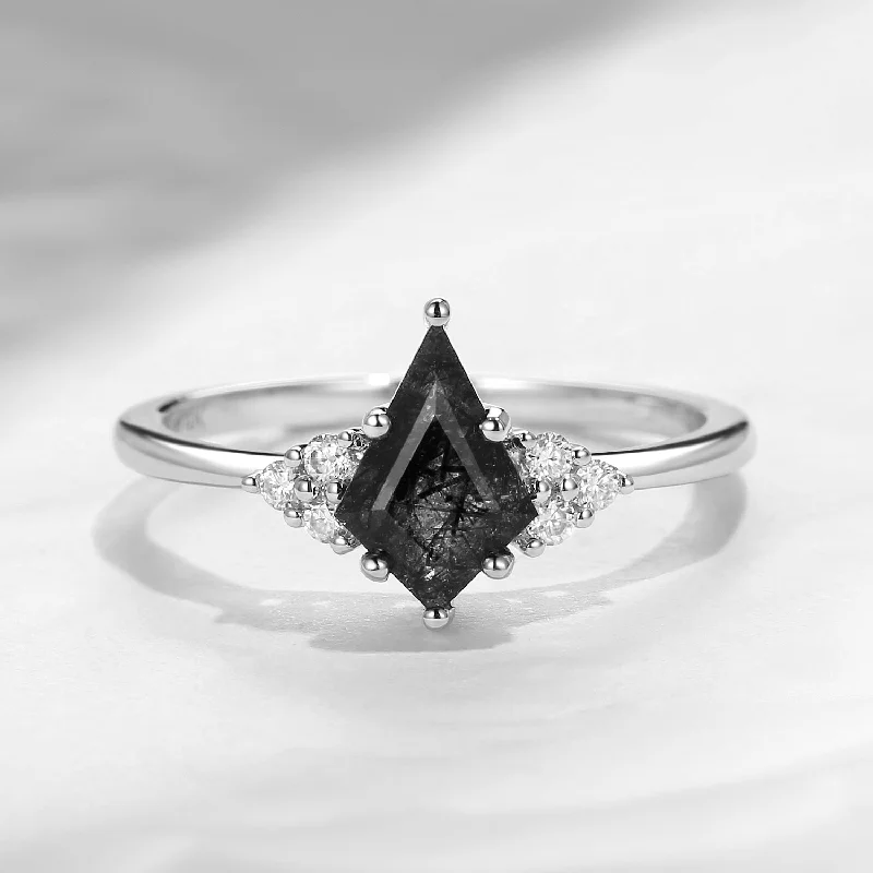 silver engagement rings -Art Deco Kite Cut Black Rutilated Quartz Engagement Ring