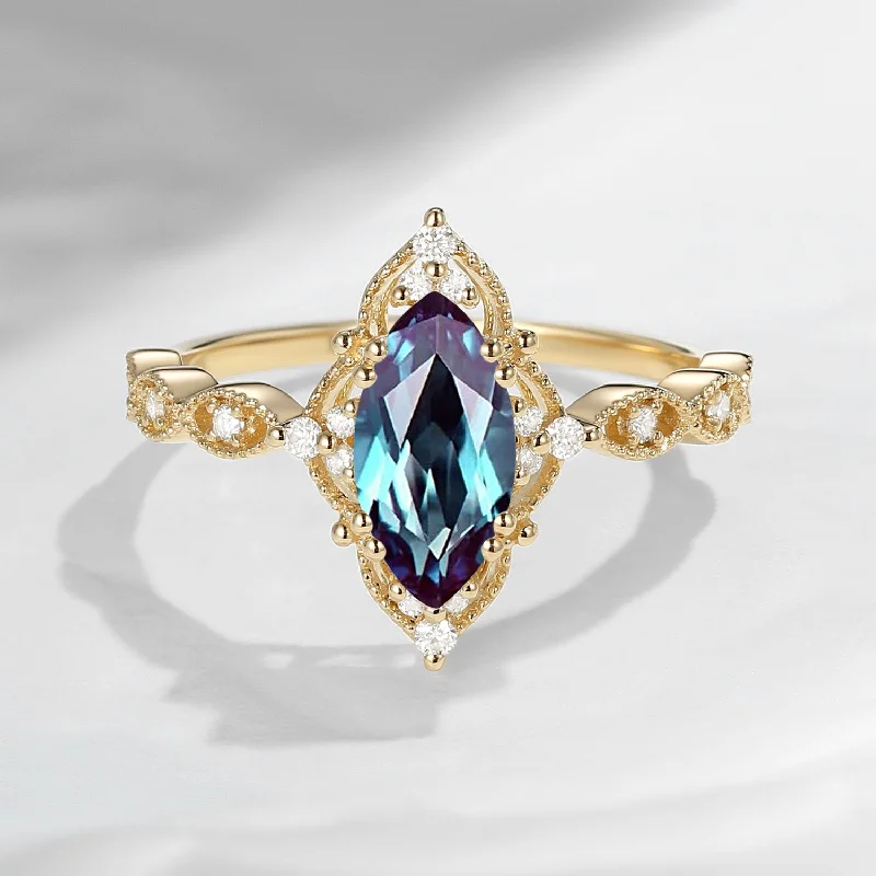 affordable engagement rings -Unique Marquise Cut Lab Alexandrite Vintage Inspired Engagement Ring