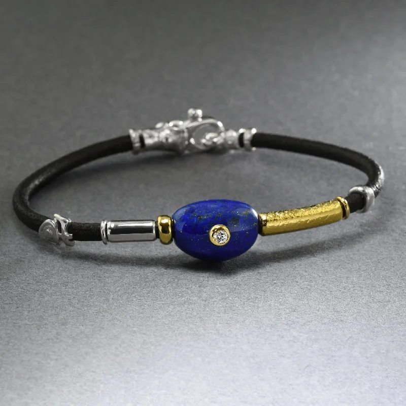 luxury tennis bracelets for women -Italian Leather Bracelet With Lapis Lazuli