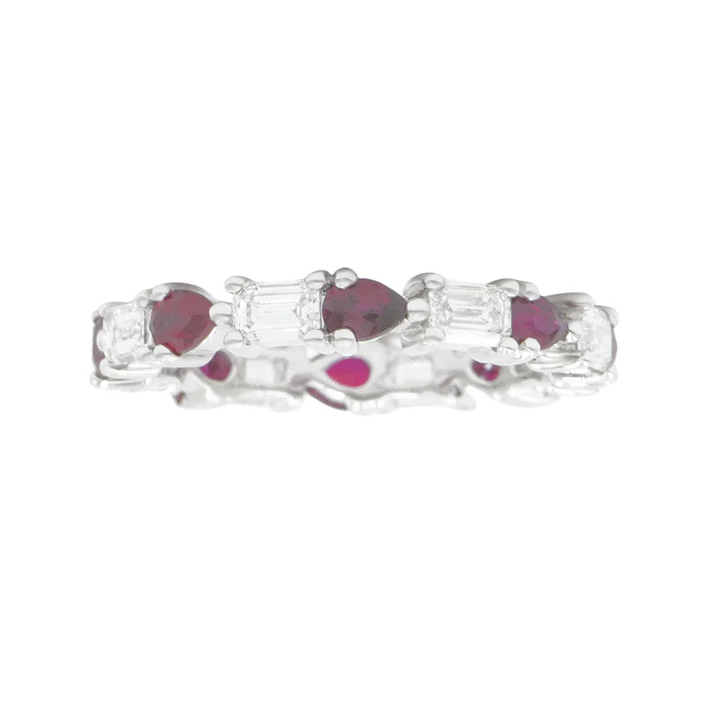 stylish rings for women -Lovinia 14K White Gold Emerald Cut Diamond & Pear Cut Ruby Eternity Ring