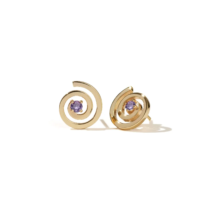 designer earrings for women -Meadowlark Amethyst Spiral Studs - Gold Plated