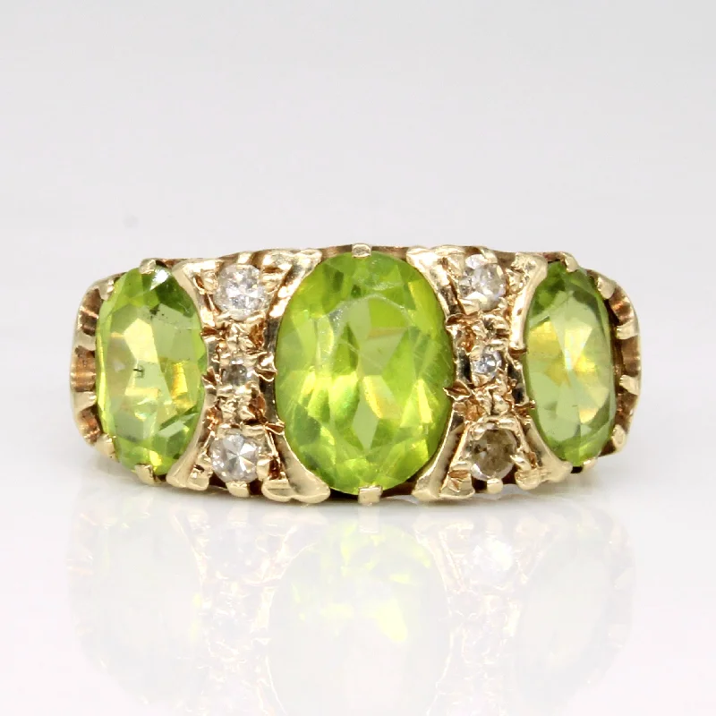 women’s promise rings sets -Vintage Oval Peridot & Diamond Three Stone Ring | 3.00ctw, 0.11ctw | SZ 6.5 |