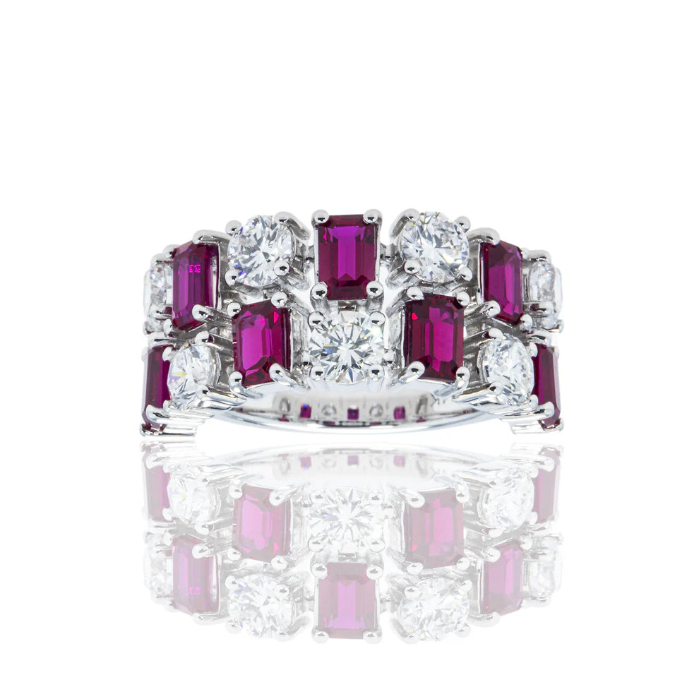 bridal rings for women -Leyah 34.20 Carat Emerald Cut Ruby & Round Cut Diamond Ring in 14K White Gold