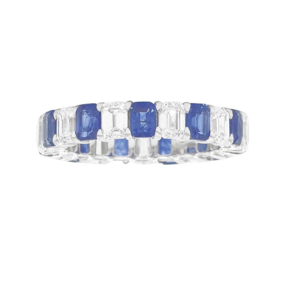 beautiful rings for women -Lynda Emerald Cut Diamond & Sapphire Eternity Ring in 14K White Gold