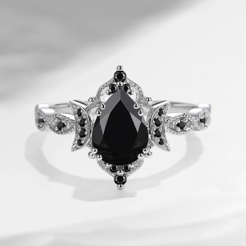 vintage inspired diamond engagement rings -Crescent Moon | Unique Black Moissanite Engagement Ring In Pear Shape - Eclipse