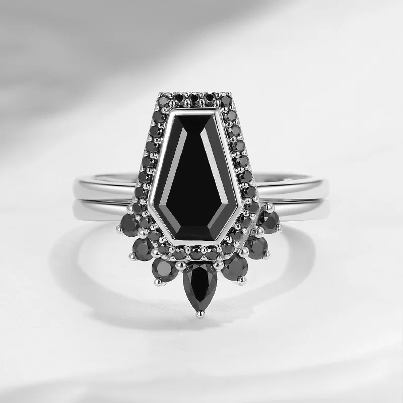 stylish engagement rings for women -Vintage Coffin Cut Black Moissanite Engagement Ring Set 2pcs - Goth Girl